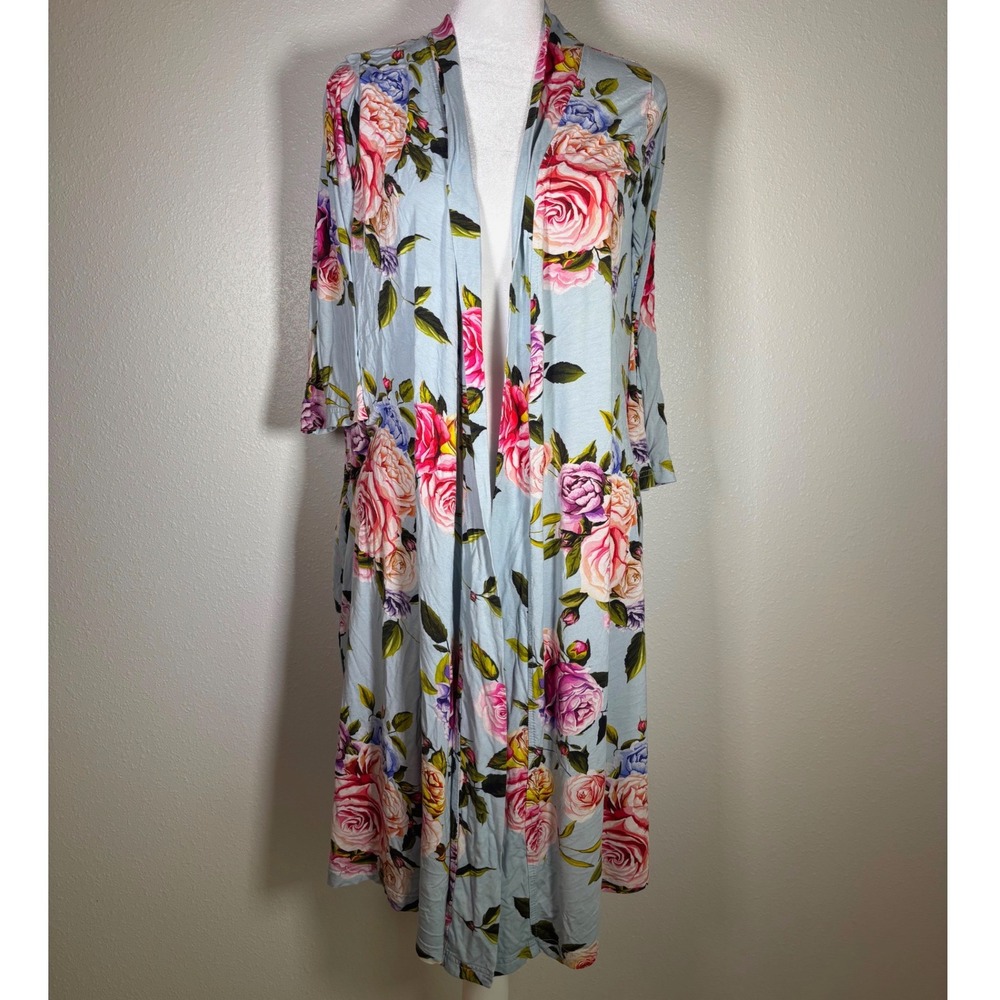 Posh Peanut Floral Bamboo Viscose Robe Blue Pink Rose Large Pockets Soft Stretch